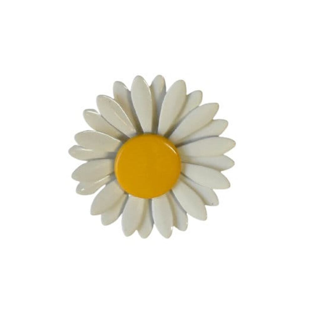 1960s White & Yellow Enamel Large Blooming Mod Daisy Flower Floral Pin Brooch
